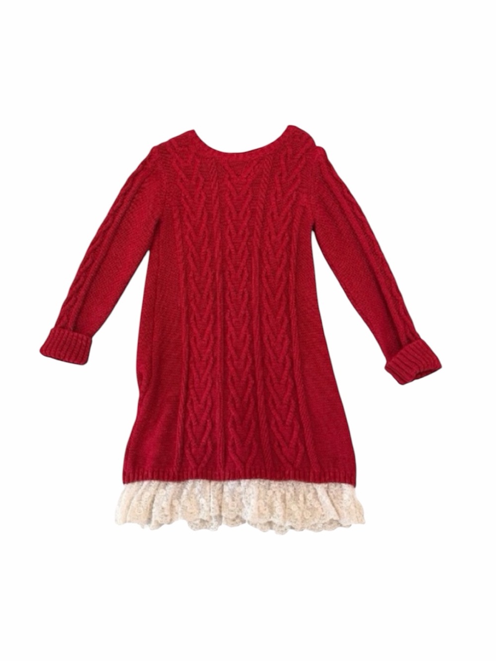 Heirlooms Red Cable-Knit Sweater Dress with Lace Hem - 4T
